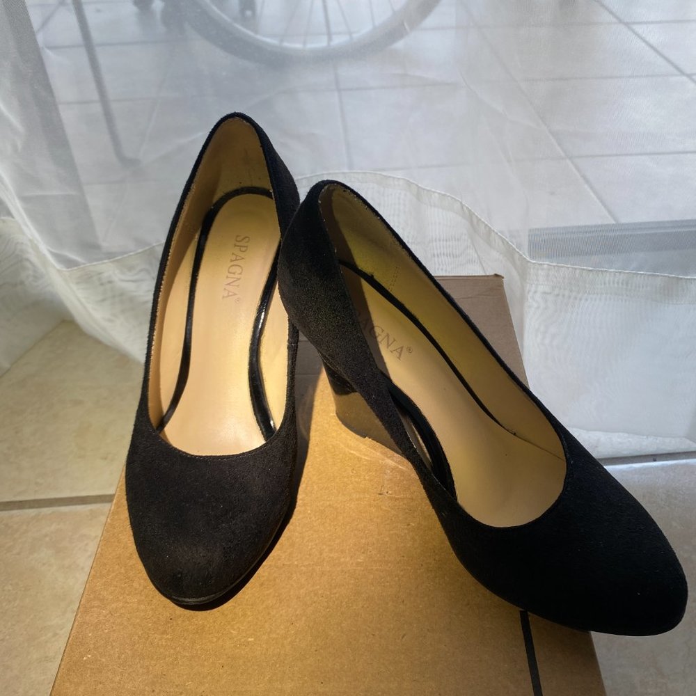 Spagna Black Suede Classic High Heels Posie Wedges Pumps Closed Round Toe Size 5 - Picture 8 of 10